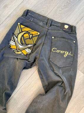 Vintage Coogi Embroidered Baggy Jeans Grey Black Y2K Hip Hop Streetwear Sz 38